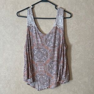 Cato Peachy Orange and Brown Patterned Tank Top with Cream Lace Detail Size L